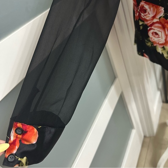 Cache Silk Blend Floral Black Blouse Large Sheer Long Sleeves Dark Romantic EUC - Picture 5 of 8
